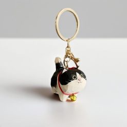Móc Khóa Gỗ Mèo Đen Trắng 4.3x3.7 cm, chạm tay