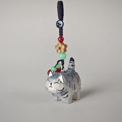 Móc Khóa Gỗ Mèo Vằn Xám 4x3 cm, chạm tay