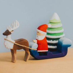 Ông già Noel gỗ thủ công kèm xe trượt và tuần lộc 16.5cm