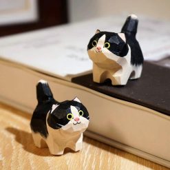 Tượng mèo gỗ điêu khắc mini 4 cm, đen trắng