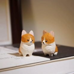 Tượng chó Corgi gỗ chạm tay 4.6 cm trang trí bàn