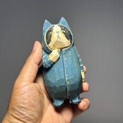 Tượng mèo gỗ khắc tay 12 cm mặt gấu trúc, sơn tay